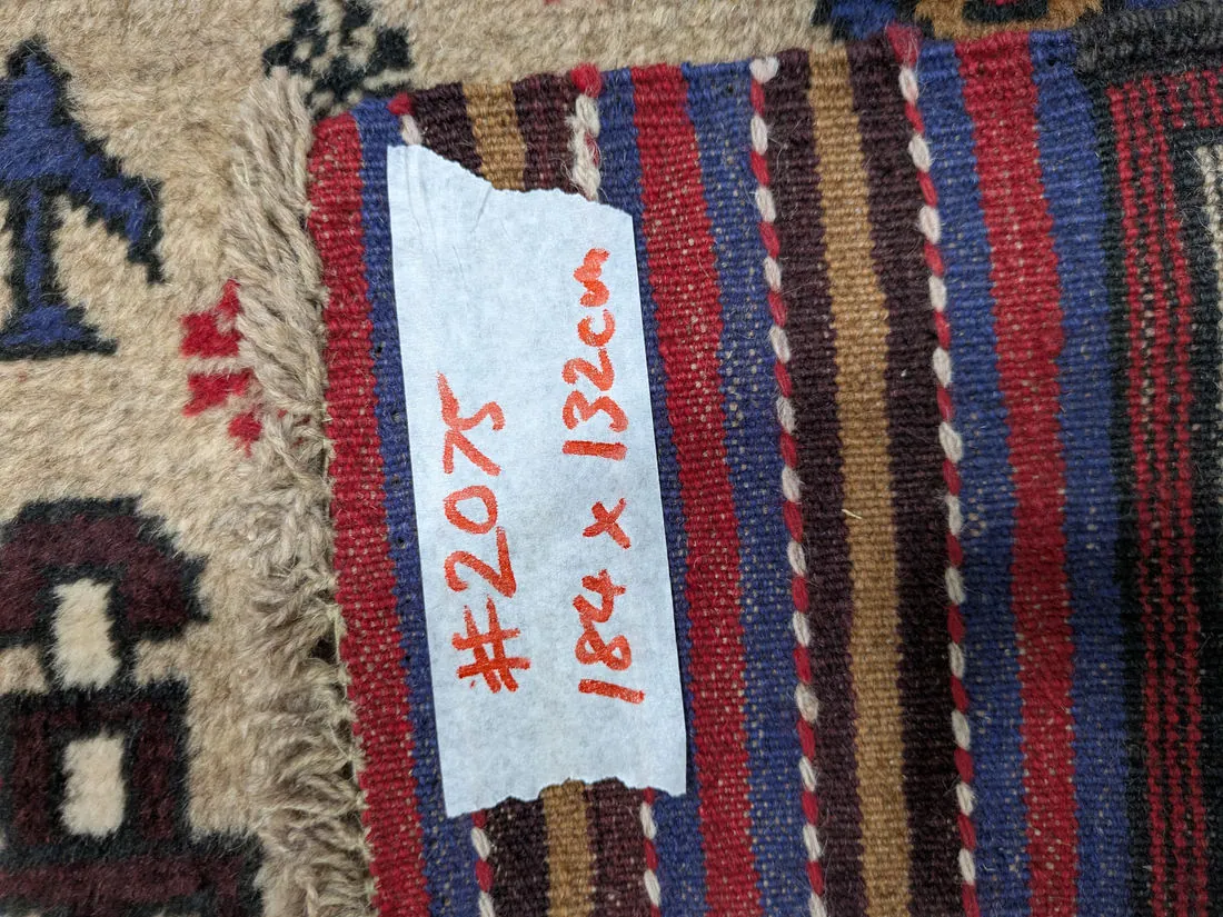 Afghan War Rug #2075: beige, with tanks, helicopters, hand grenades, flags and AFGHAN, 184 x 132 cm, photo 8 of 8, the tag on the back