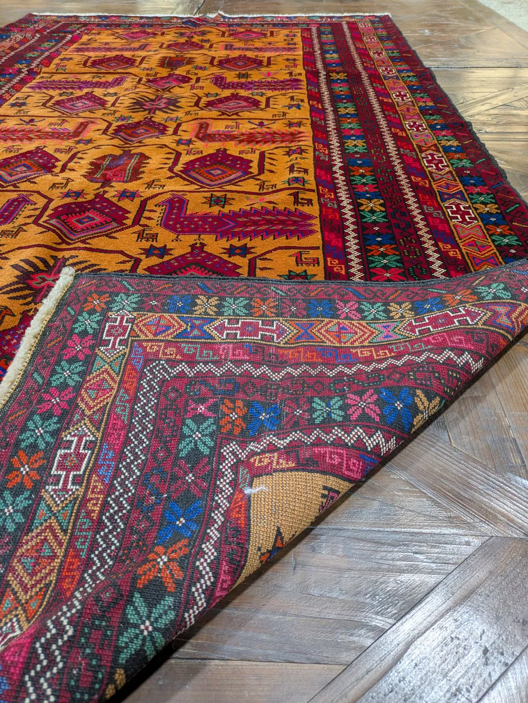 Afghan Rug #2080: orange, with diamond medallions and birds, 232 x 128 cm, photo 7 of 8