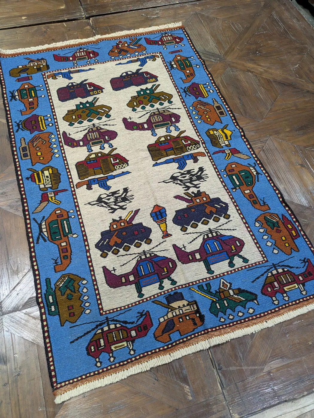 Afghan War Rug #2108: cream, with helicopters, tanks and fighter jets, 143 x 90 cm, photo 6 of 8