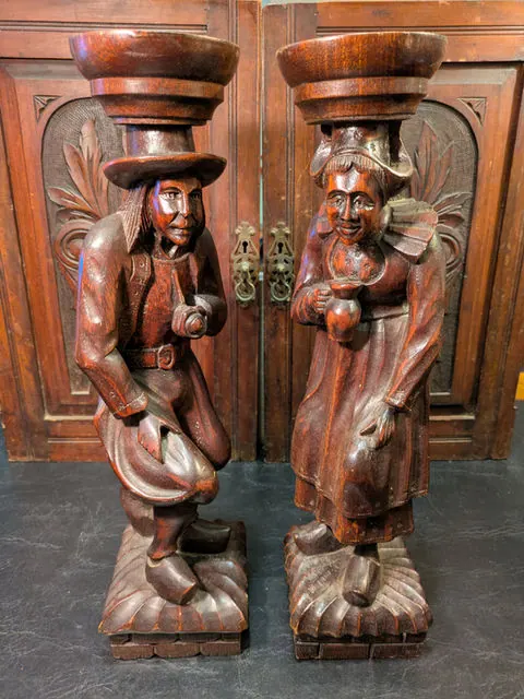 Pair of Antique Black Forest / Tyrolean Hand-Carved Wooden Candlesticks, c.1920