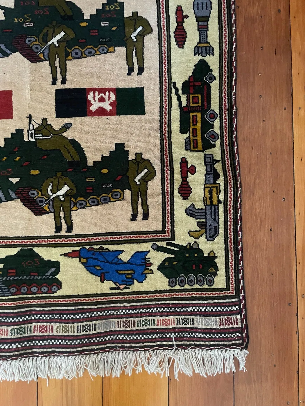 Afghan War Rug #1052: cream, with tanks, soldiers, Afghan flags and fighter jets, 139 x 100 cm, photo 2 of 8