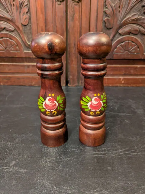 Vintage Hand-Painted Wooden Salt & Pepper Shakers, Eastern European Folk Art