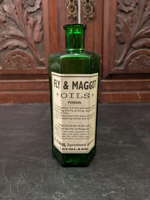 Antique “Fly & Maggot Oils” Poison Bottle, "NOT TO BE TAKEN", c.1900 to 1920